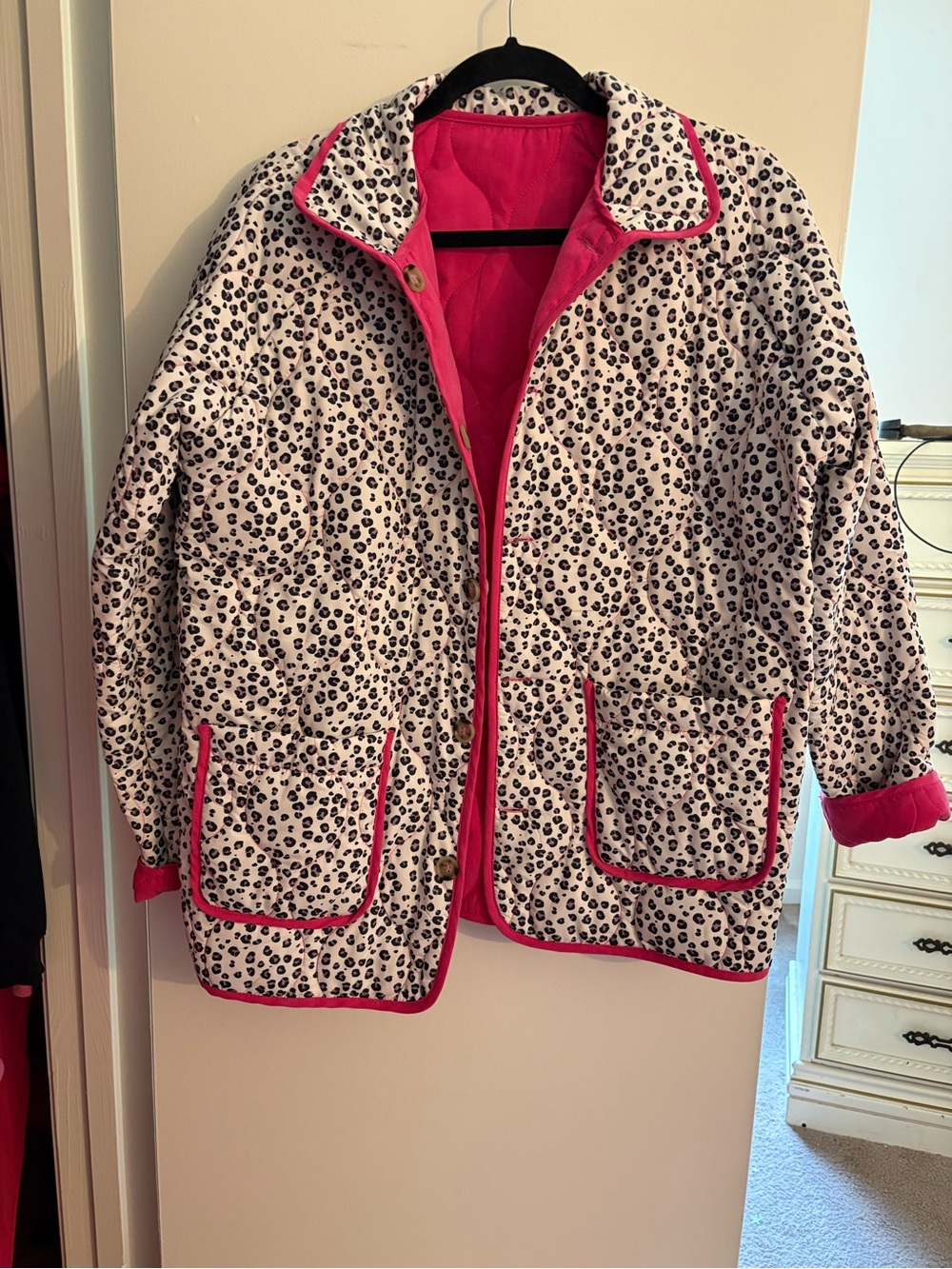 Leopard Print Reversible Quilted Puffer Jacket with Pink Trim